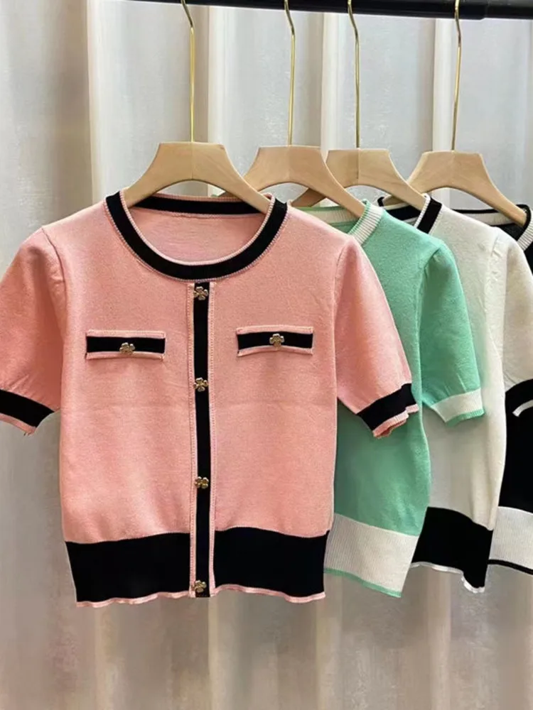 Jerseys de punto de manga corta para mujer, suéteres finos de cuello redondo, Tops elegantes, prendas de punto elegantes, moda coreana, verano 2024