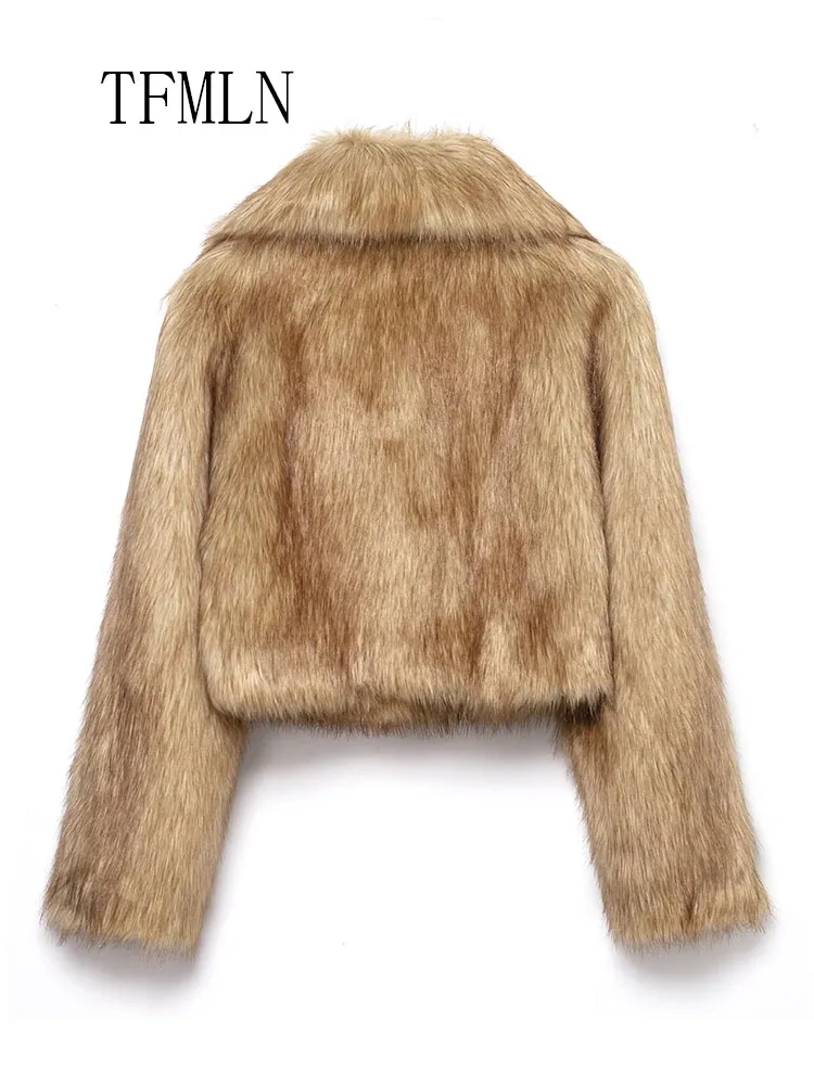 TFMLN 2025, Herbst Winter Frauen Faux Pelz Abgeschnitten Jacken Luxus Drehen Unten Kragen Dicke Kausalen Mäntel Mode High Street Outwear