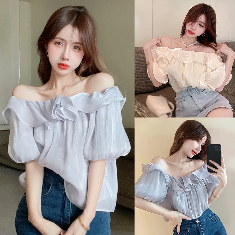 Women\'s Blouse Off Shoulder Flounces Chiffon Sweet Style Fashion Solid Color Temperament Youthful Clothes Short-Sleeved Shirt