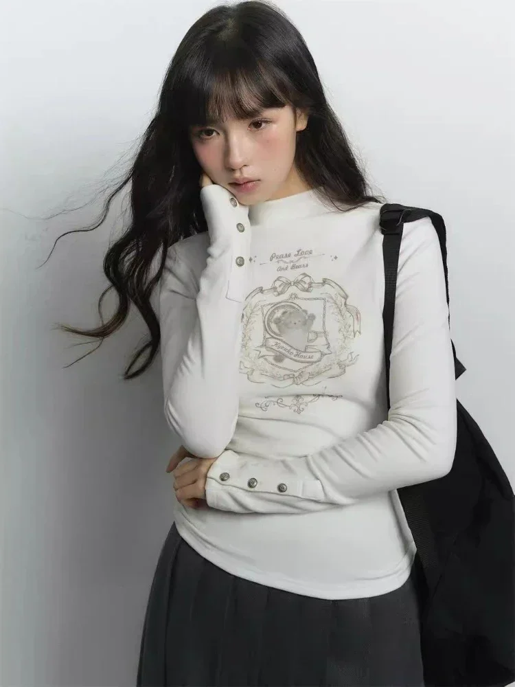 Y2K تي شيرت أبيض جرافيك للسيدات صيفي جديد عتيق Harajuku بأكمام طويلة نصف الياقة المدورة ملابس شارع عصرية كورية #2