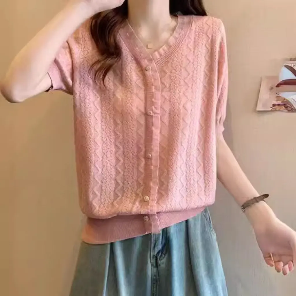 

Summer New Women's Ice Silk Knitted Pullover V-Neck Organza Stitching Thin Commuter Top Fashionable Casual T-Shirt