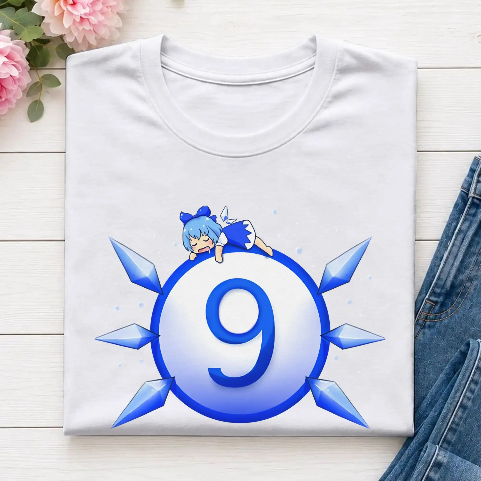 Men's T-Shirts Cirno    Vintage Pure Cotton Tees Short Sleeve Touhou Project T Shirt Round Collar Clothes Original
