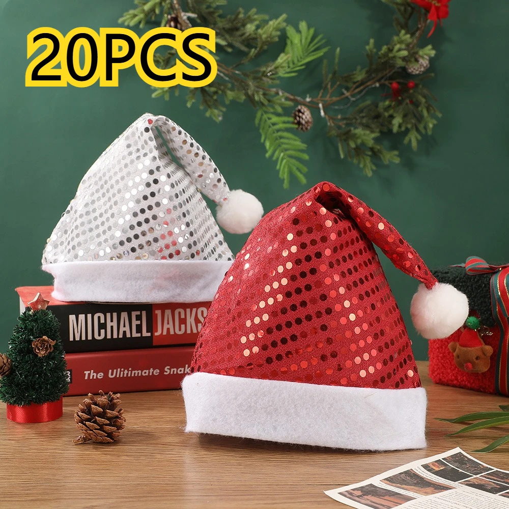 20PCS Santa Claus Adult Hat Festival Dress Up Headwear Sequin Santa Hat Party Clothing Accessories Decoration Hat
