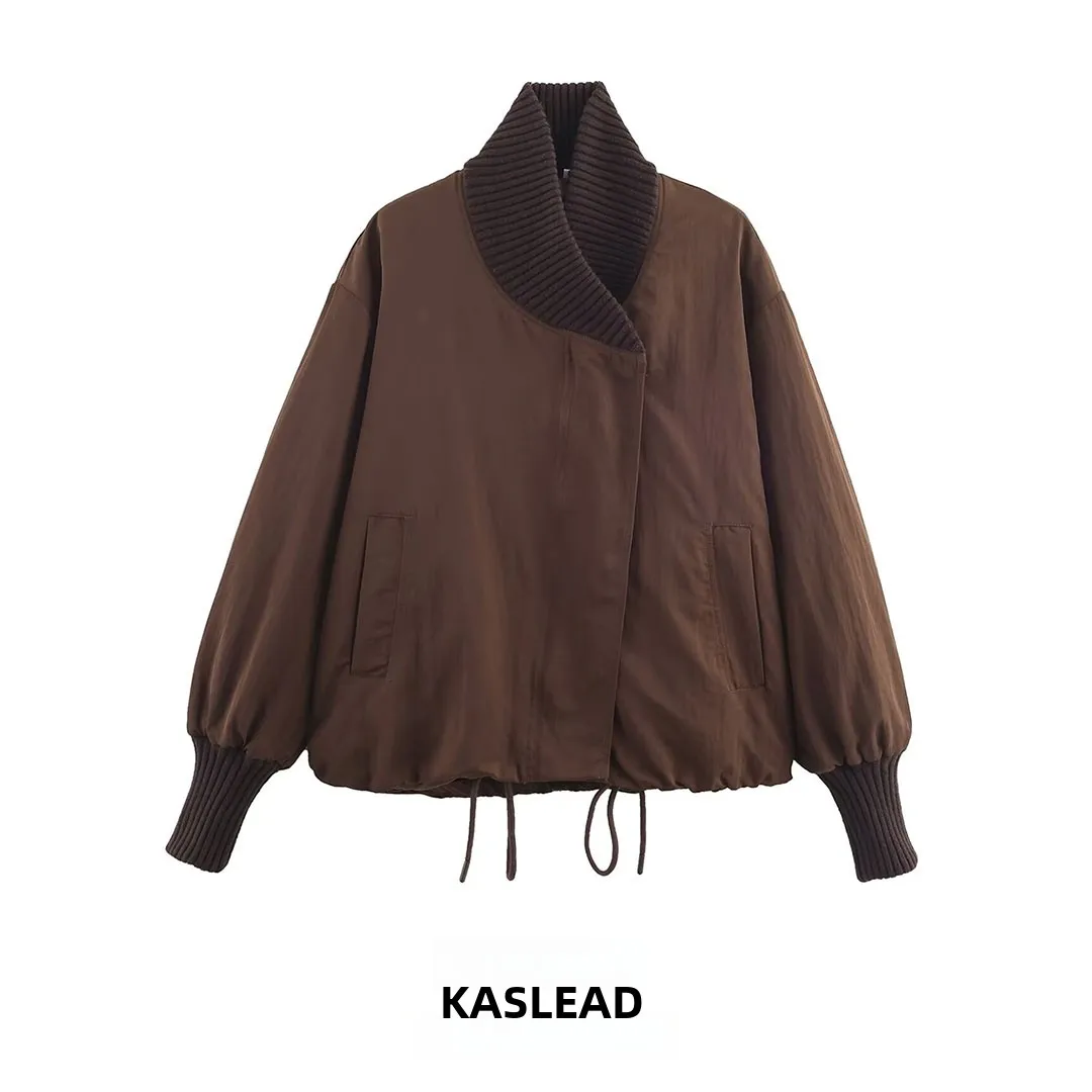 

KASLEAD New Women's Faionable Long Sve Ribbed Jaet Loose Versatile Sle High Collar Striped Polyester Fiber Coat
