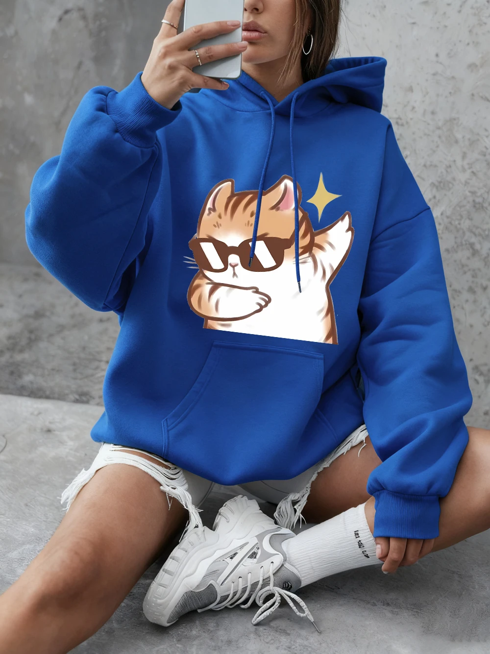 Bluza damska z nadrukiem kocich okularów przeciwsłonecznych, zimowa, ocieplana polarem, ciepła, podstawowa bluza z kapturem, luźna, wygodna odzież codzienna.
