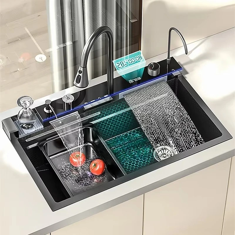 Intelligent 304 stainless steel black LED waterfall kitchen sink with multifunctional cup washing machine