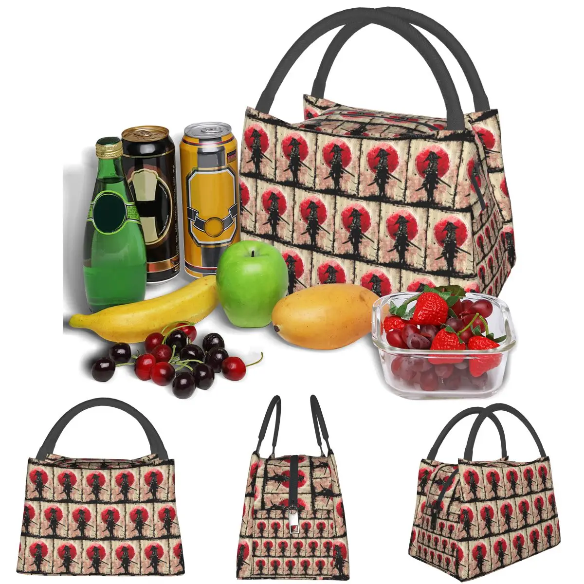 Japanese Art Samurai Fighter Bushido Lightweight Handheld Insulated Lunch Bag Large Capacity for Adults Students Travel Picnic