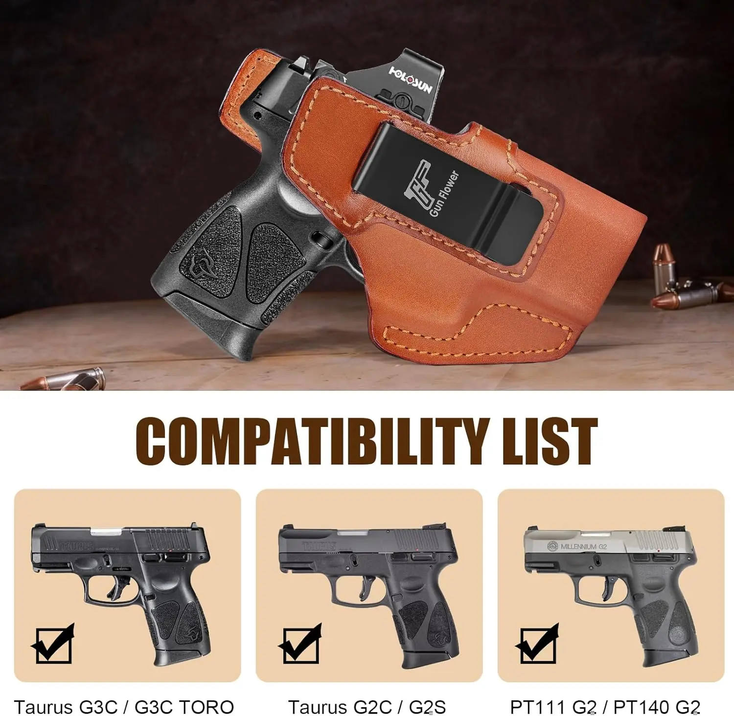 حافظة جلدية IWB لـ Taurus G3C/ G2C/ G2S/ G3C Toro/ TX22 Compact/ PT111/ PT140 G2، حزام الخصر الداخلي، حزام 1.5 بوصة - 1.75 بوصة، اليد اليمنى #2