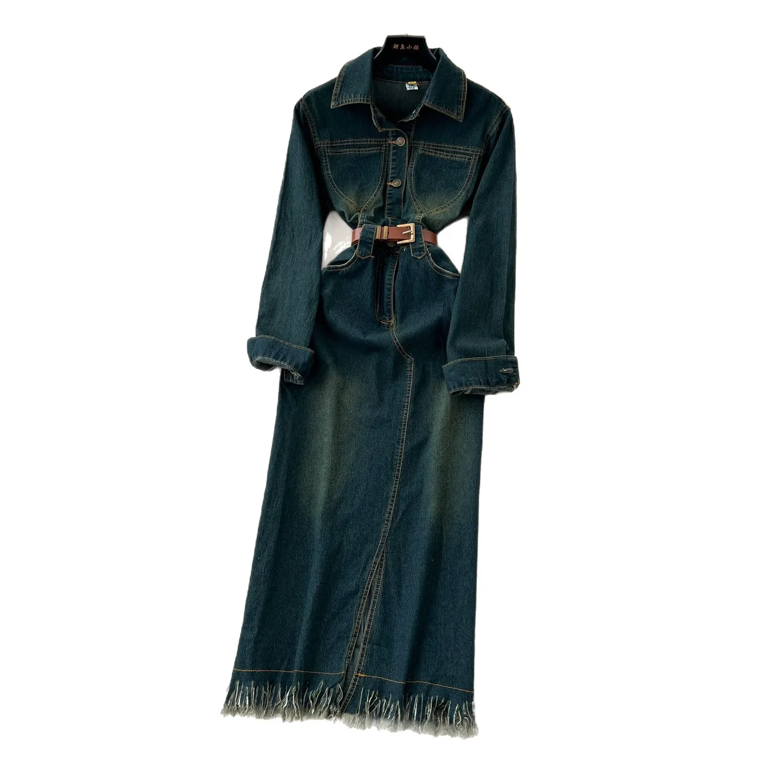 Women Denim Dresses Maxi Long Dress Tassel Turn Down Collar Long Sleeve Single Breasted Straight Office Lady Casual 2025 Autumn