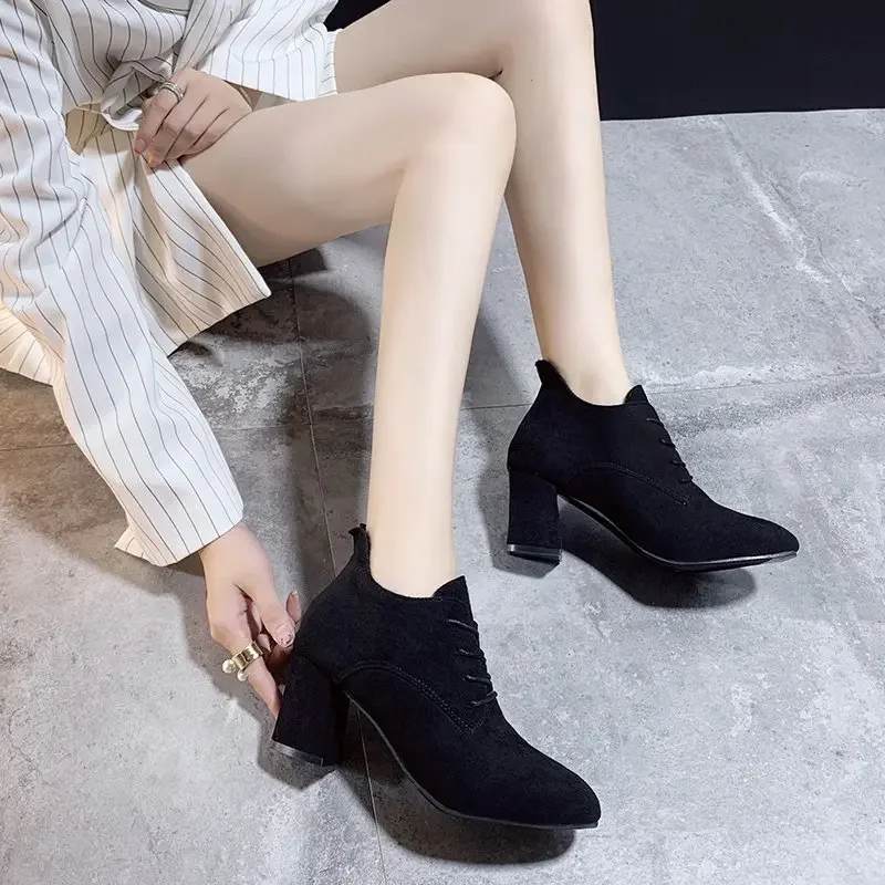 Spring New 2024 Ladies Retro Pumps Classics Flock Lace Up Office Round Toe Block High Heel Shoes Female Black Brown