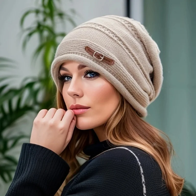 Best seller thick fleece winter and autumn knitted beanie, stylish and loose large headband pile hat, new style women's hat