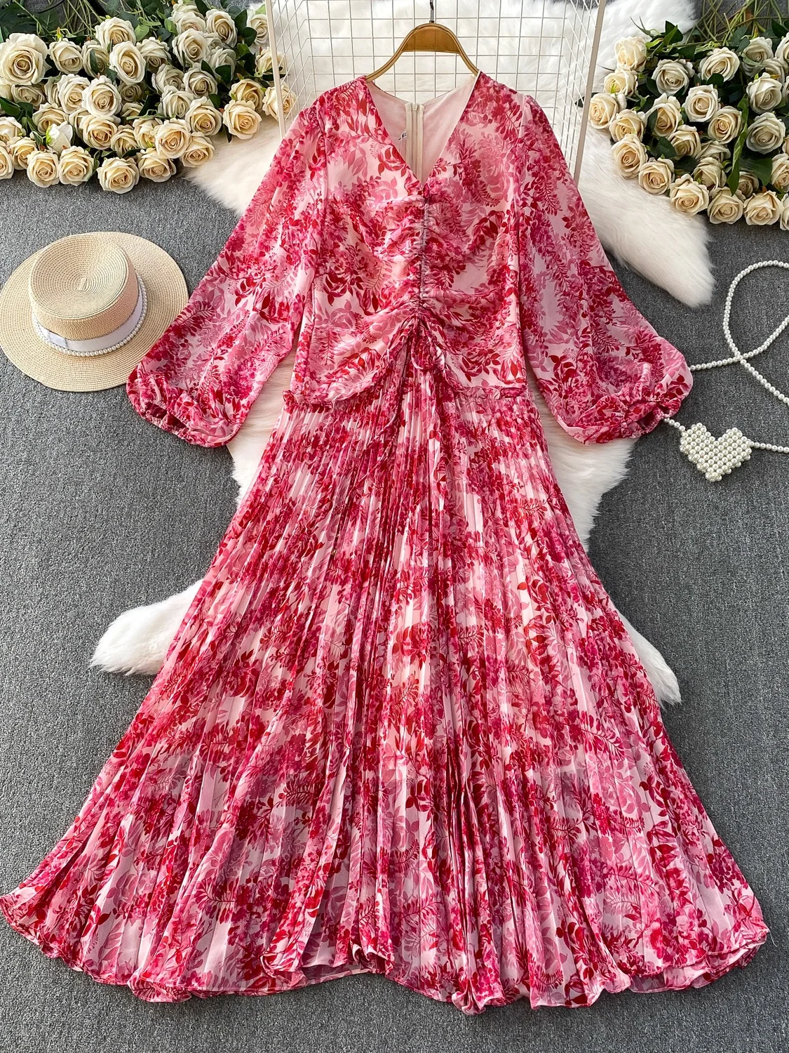Vacation Style Beautiful Print V-Neck Lantern Sleeve Dress Women's Autumn Drawstring Waist Slimming Pleated Long Skirt
