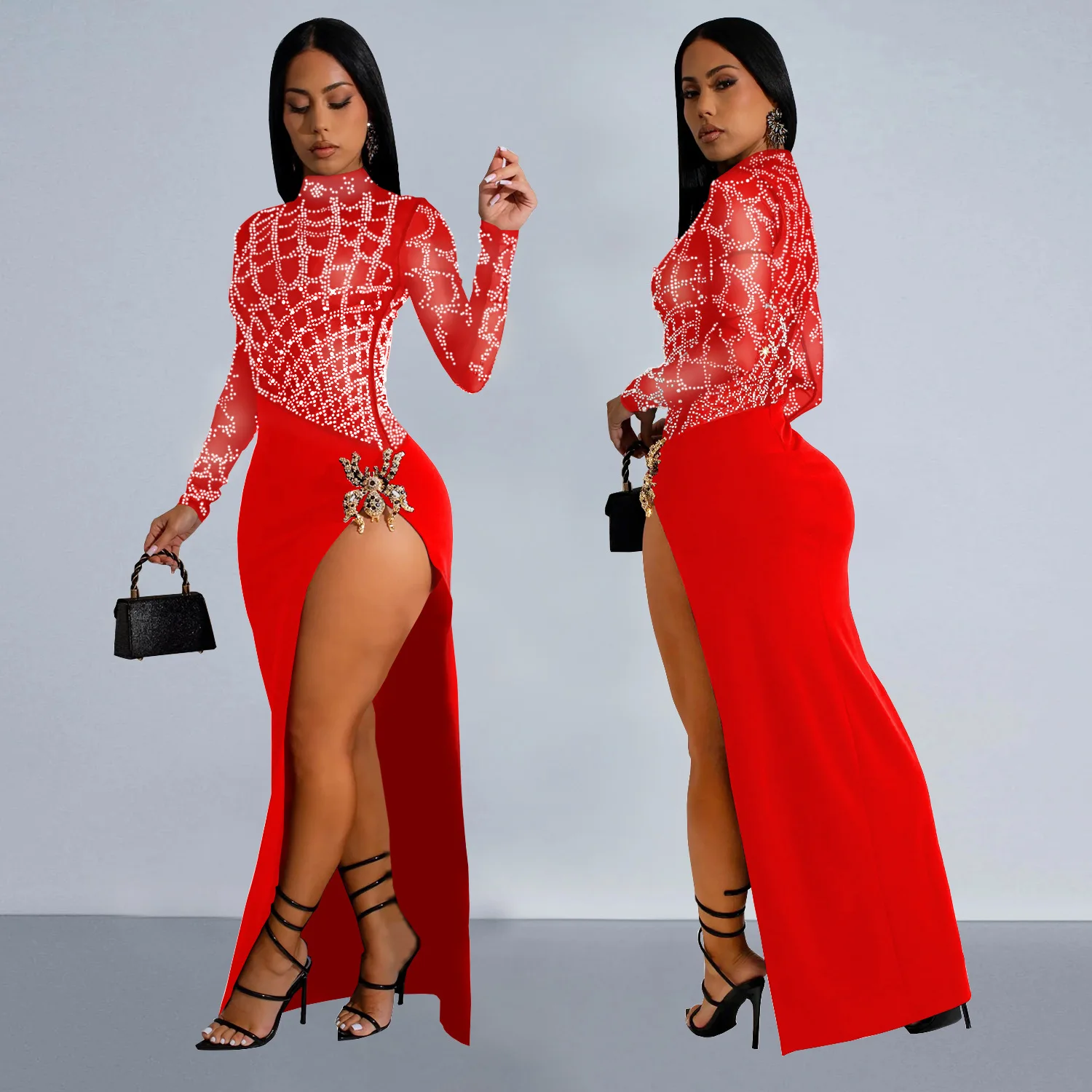 2024 Autumn Women's Hot Diamond Sexy Cutout Long-sleeved Slit Party Dress Birthday Dress for Women Sexy Dress