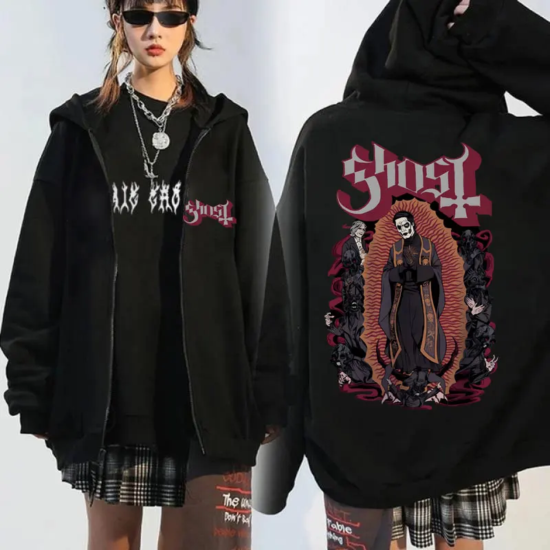 Jaket hoodie bertudung ritsleting mobil Band hantu Vintage mode pria Hip hop Gotik pakaian jalanan ukuran besar mantel baju olahraga bulu