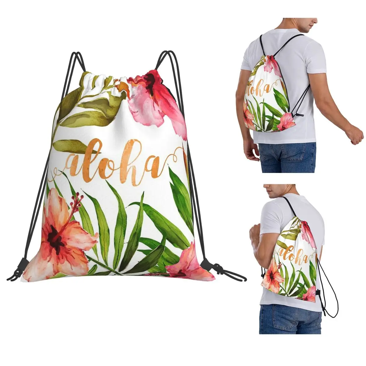 

Aloha Tropical Hawaiian Floral Watercolor Backpacks Fashion Portable Drawstring Bundle Pocket Sports Book Bags Woman Students