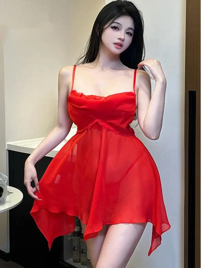 Seksowna, dojrzała, siateczkowa, prześwitująca koszula nocna, piżama w stylu \"pure desire\", elegancka czerwona, słodka mini sukienka na ramiączkach, koreańska damska J69G