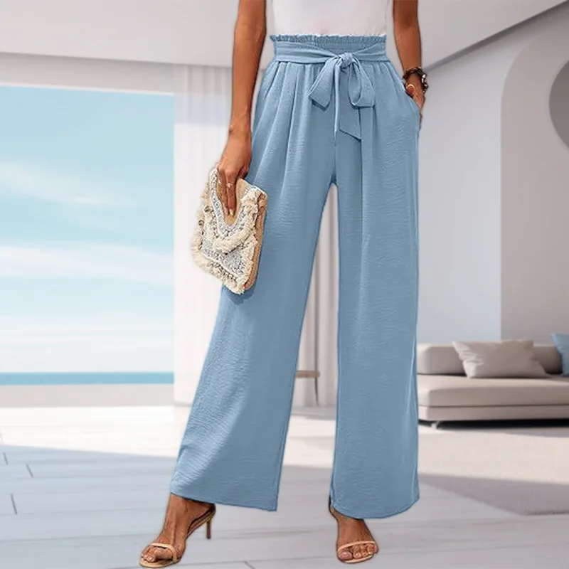 2025 Venta caliente pantalones para mujer Color sólido moda arco cinturón temperamento bolsillo alta cintura ancha pantalones de mujer