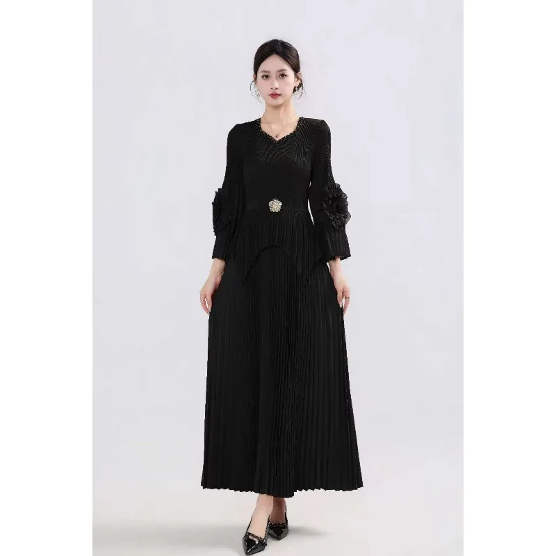 أوروبا الجديدة مياكي فستان بأكمام طويلة الزهور مكرنك اليد مطرز تصميم غير منتظم بسيط كبير الحجم مطاطا المرأة تنورة طويلة #6