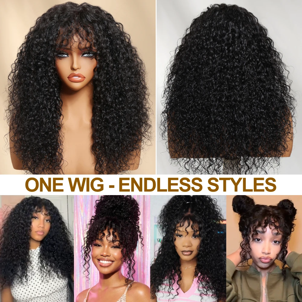 UNICE Natural Black Shaggy Curly Wig Middle T-Part 4x2 Lace Glueless Human Hair Wig With Invisi Drawstring 180% Density