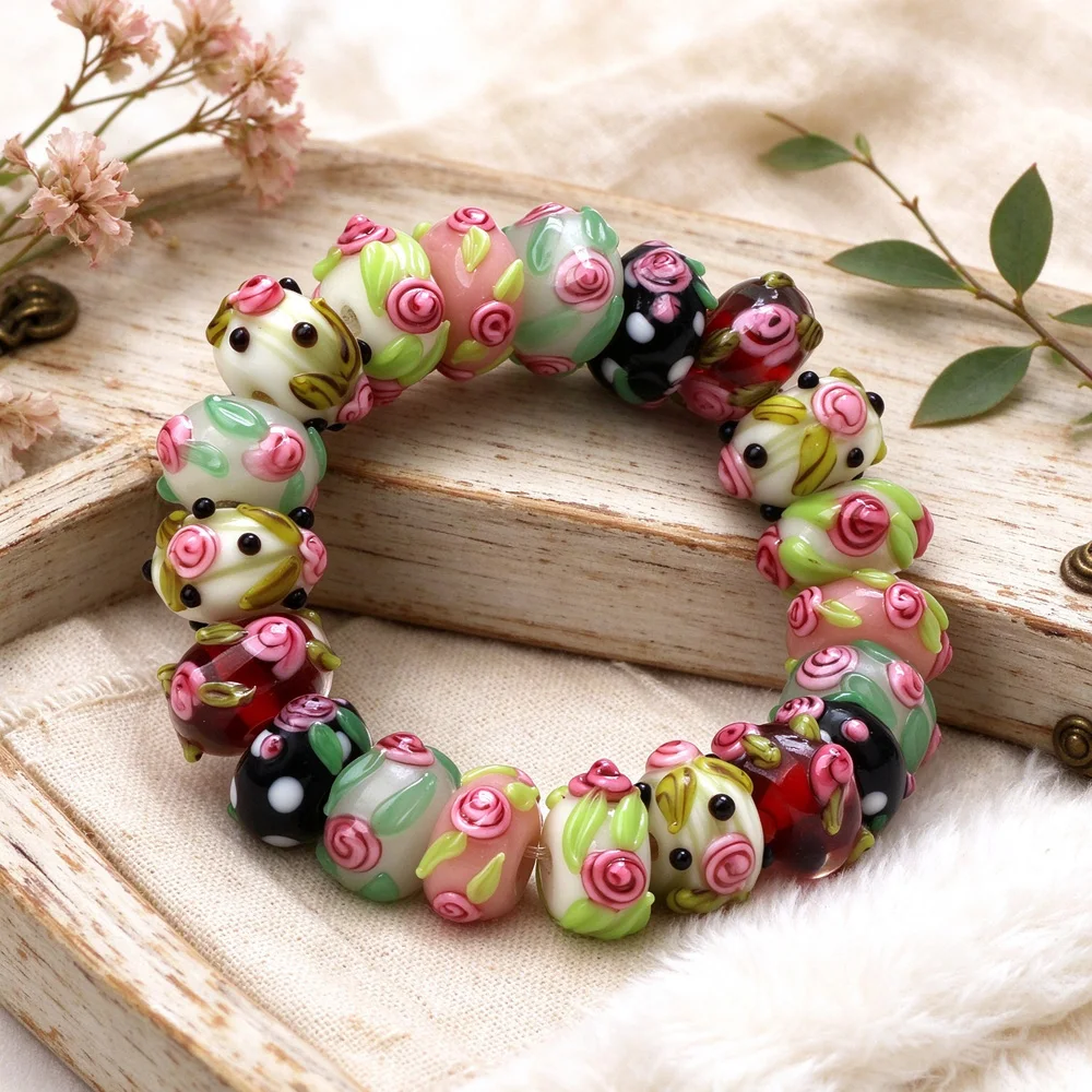 8PCS Handmade Lampwork Glass Beads 3D Rose Flower Murano Glass Bead Romantic Floral Art Glass For Women Jewelry Making Accessory