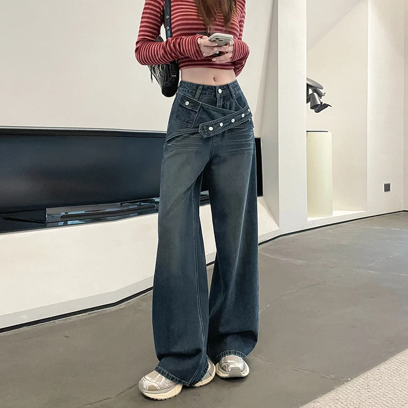 Wide Leg Jeans for Women Irregular Double Waistband Denim Pants for Autumn Winter Ladies Female Loose Streetwear Casual Jeans