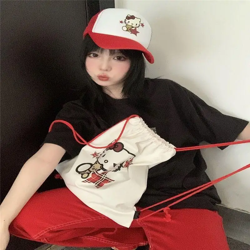 New Kawaii Cute Sanrio Hellokitty Bag Double Shoulder Canvas Bag Drawstring Bag Cartoon Cute Birthday Gifts Girlfriend Gifts