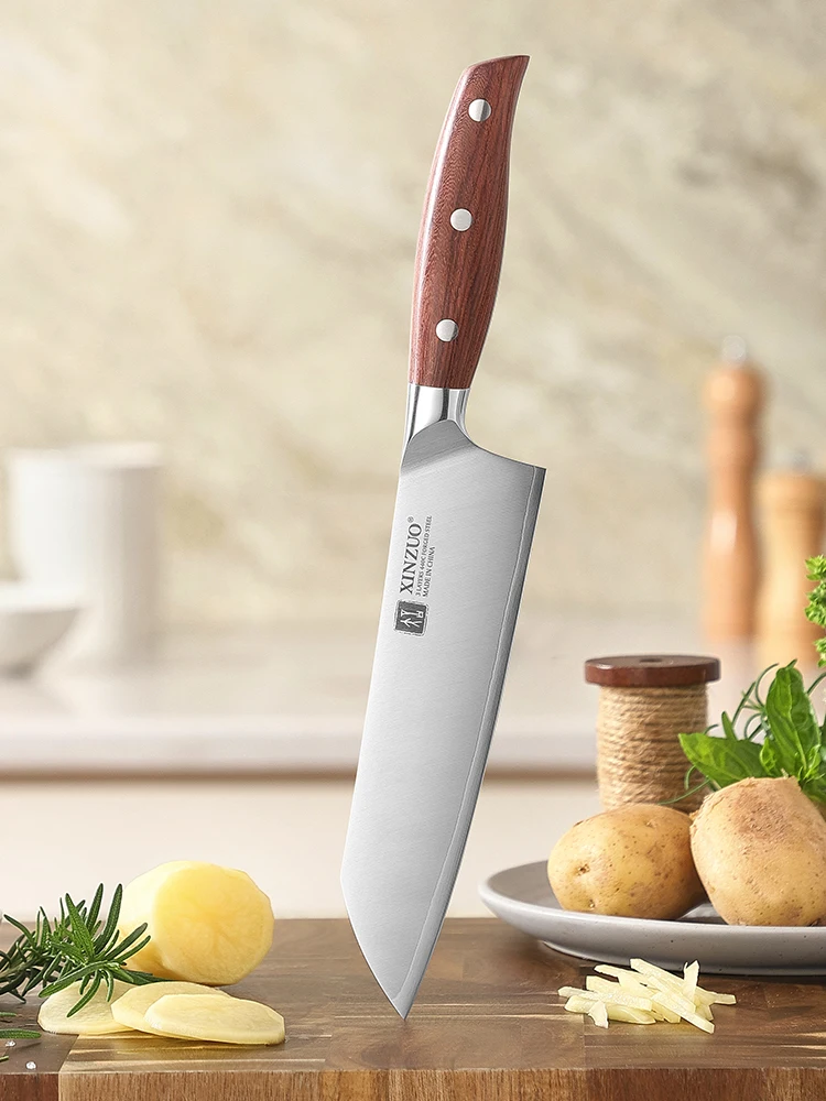 XINZUO Wysokiej jakości nóż Santoku ze stali nierdzewnej 7,2 cala, 3-warstwowa stal kompozytowa, nóż szefa kuchni do krojenia, rękojeść z czerwonego drewna — zdjęcie 2