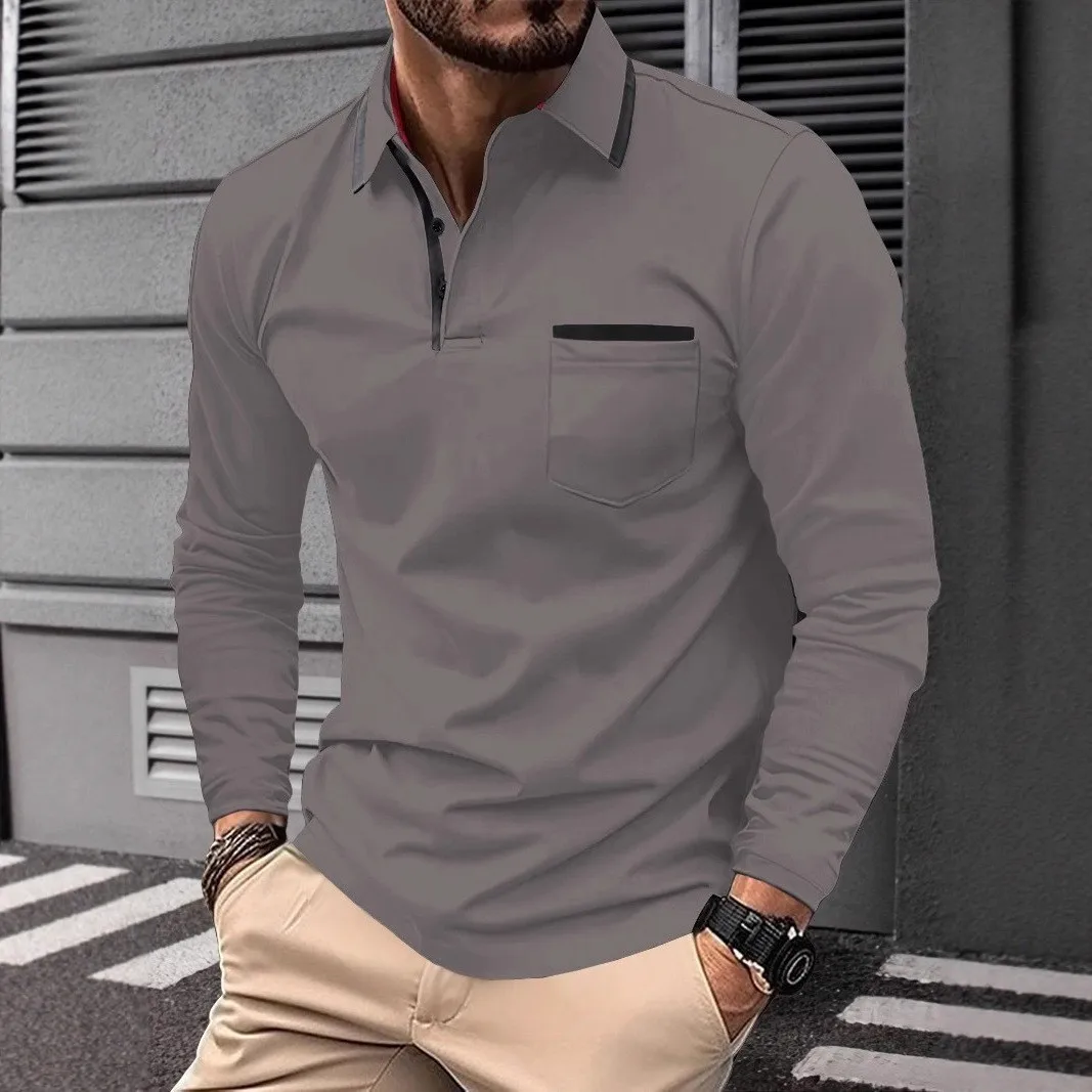 Autumn Men's Casual Long Sleeved Polo Shirt with Pockets Made of 100% Polyester Knit Fabric Regular Style Solid Color Elastic image 3