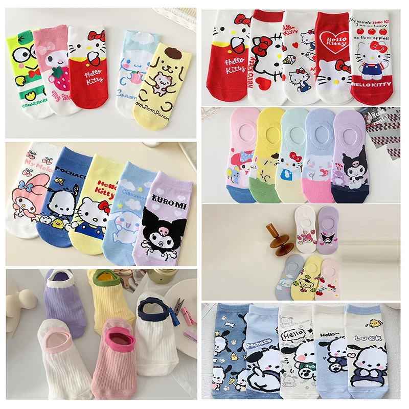 5 Pair Sanrio Hello Kitty Socks Anime Socks Harajuku Ship Socks Five Pairs Of Cartoon Cute Female Printed Cotton Socks Wholesale