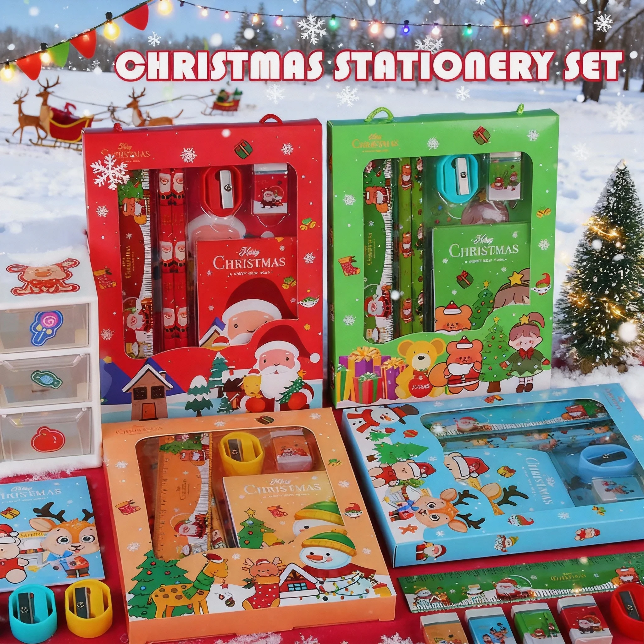 6 Teile/satz Weihnachten Schreibwaren-Set Kinder Cartoon Bleistifte Radiergummi Lineal Memo Pads Bleistift Messer Set Schule-Lieferungen neue Jahr Geschenk