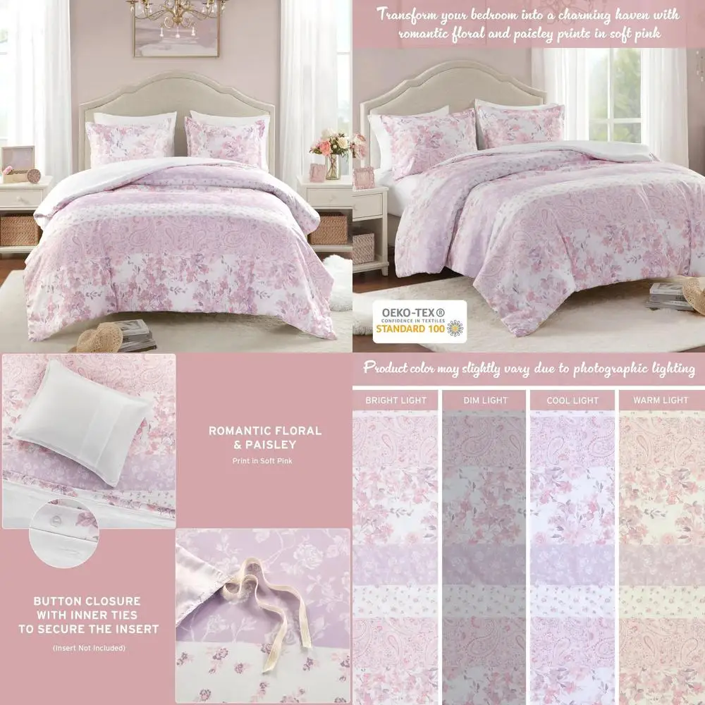 

Queen Size Floral & Paisley Duvet Cover Set, Reversible Solid, Lightweight & Breathable, Matching Sham, Pink 3-Piece Bedding