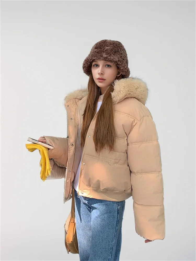 Women\'s Down Jackets Short Winter 2024 New Style Stylish Solid Colors Hooded Large Fur Collar Thickened Loose Jacket