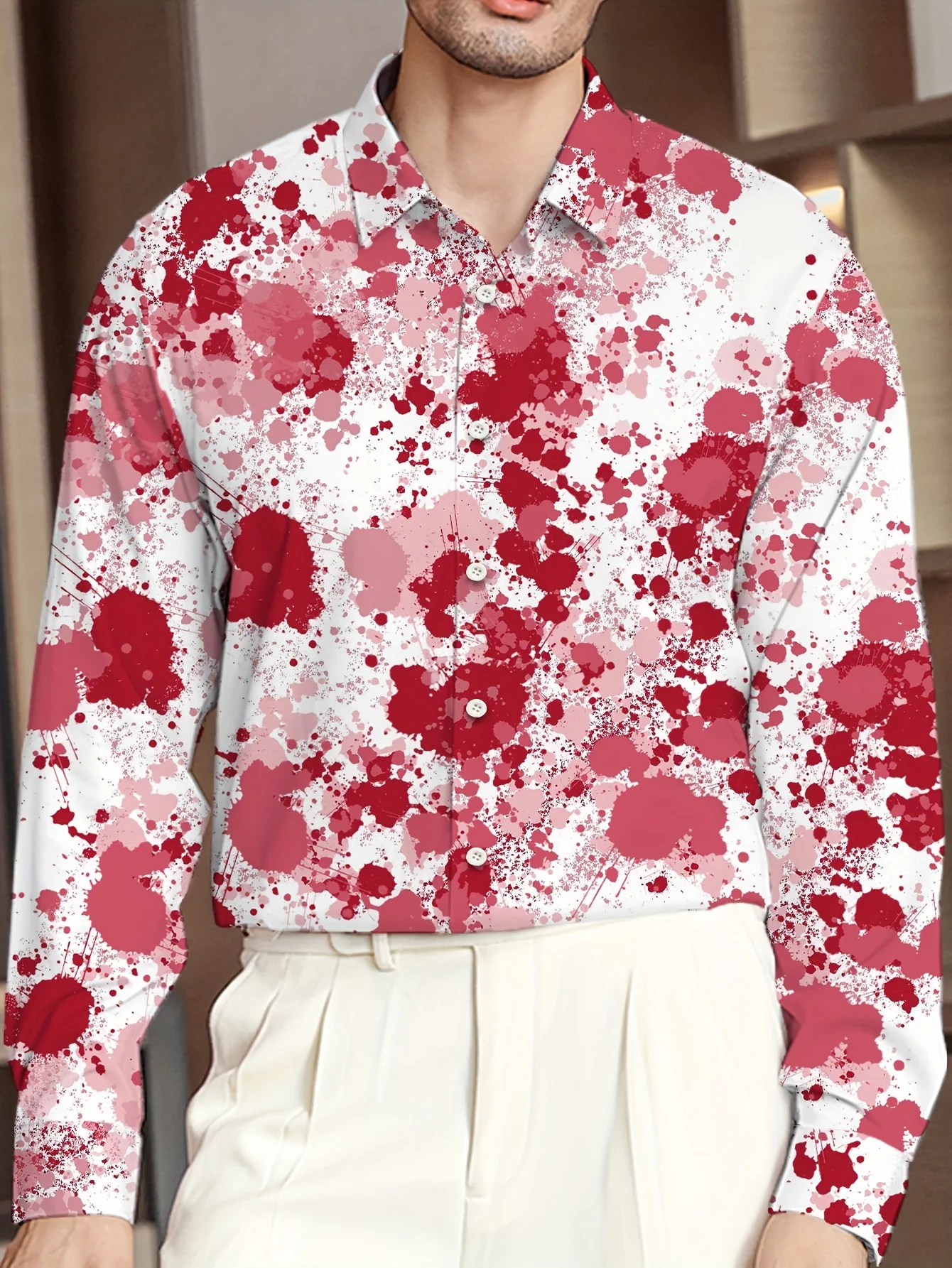 Men Long‑Sleeve Button‑Down Shirt White Red Pink Splatter Floral Print Polyester Lapel Collar Casual Holiday Top