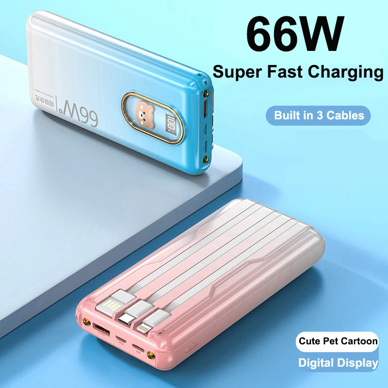 

30000mAh Power Bank with Cables 66W PD Super Fast Charging Powerbank External Battery for iPhone Xiaomi Huawei Samsung Poverbank