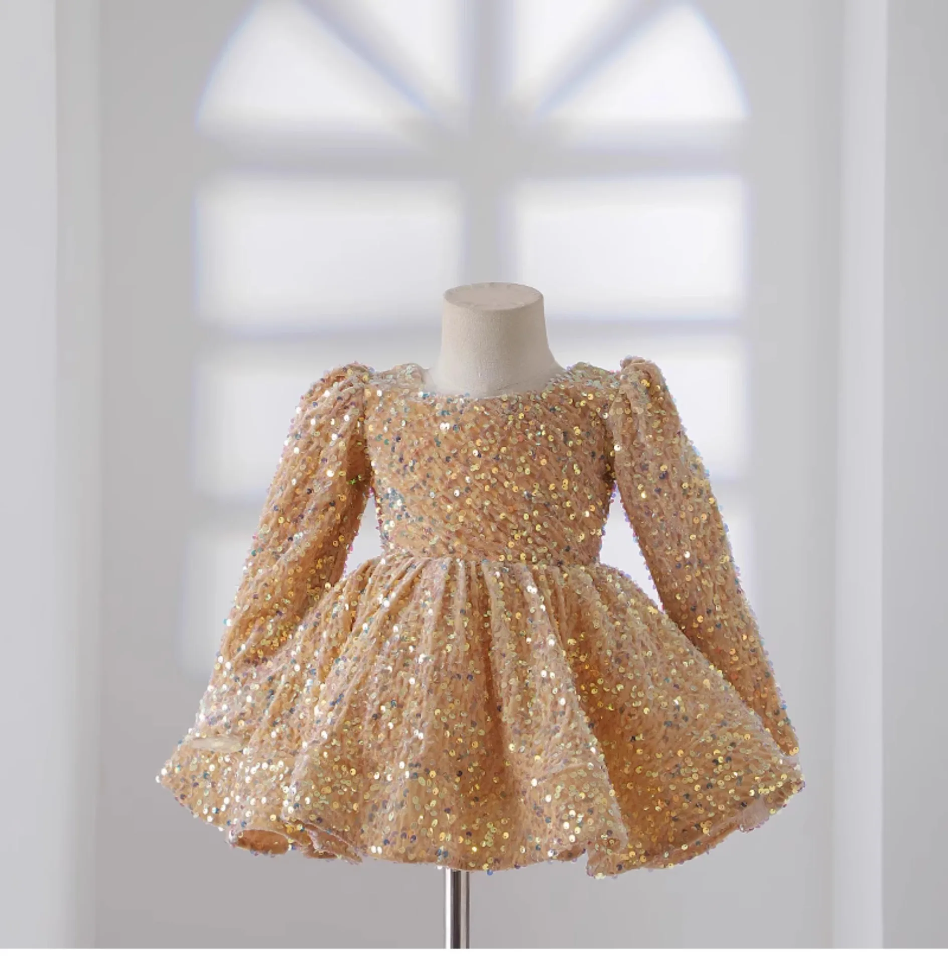 Children\'s Dress 2023 New Golden Princess Dress Sequin Little Girl First Birthday Party Piano Evening Dress Autumn And Winter