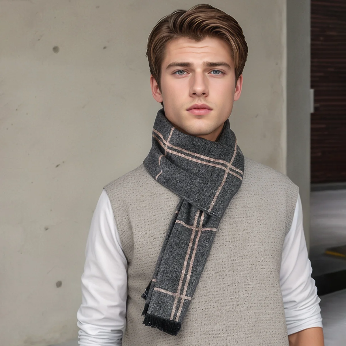 Men's Winter Pashmina Scarf Classic Checkered Patterns Long Shawl Minimally Striped Design Thick Muffler Outdoor Warmth