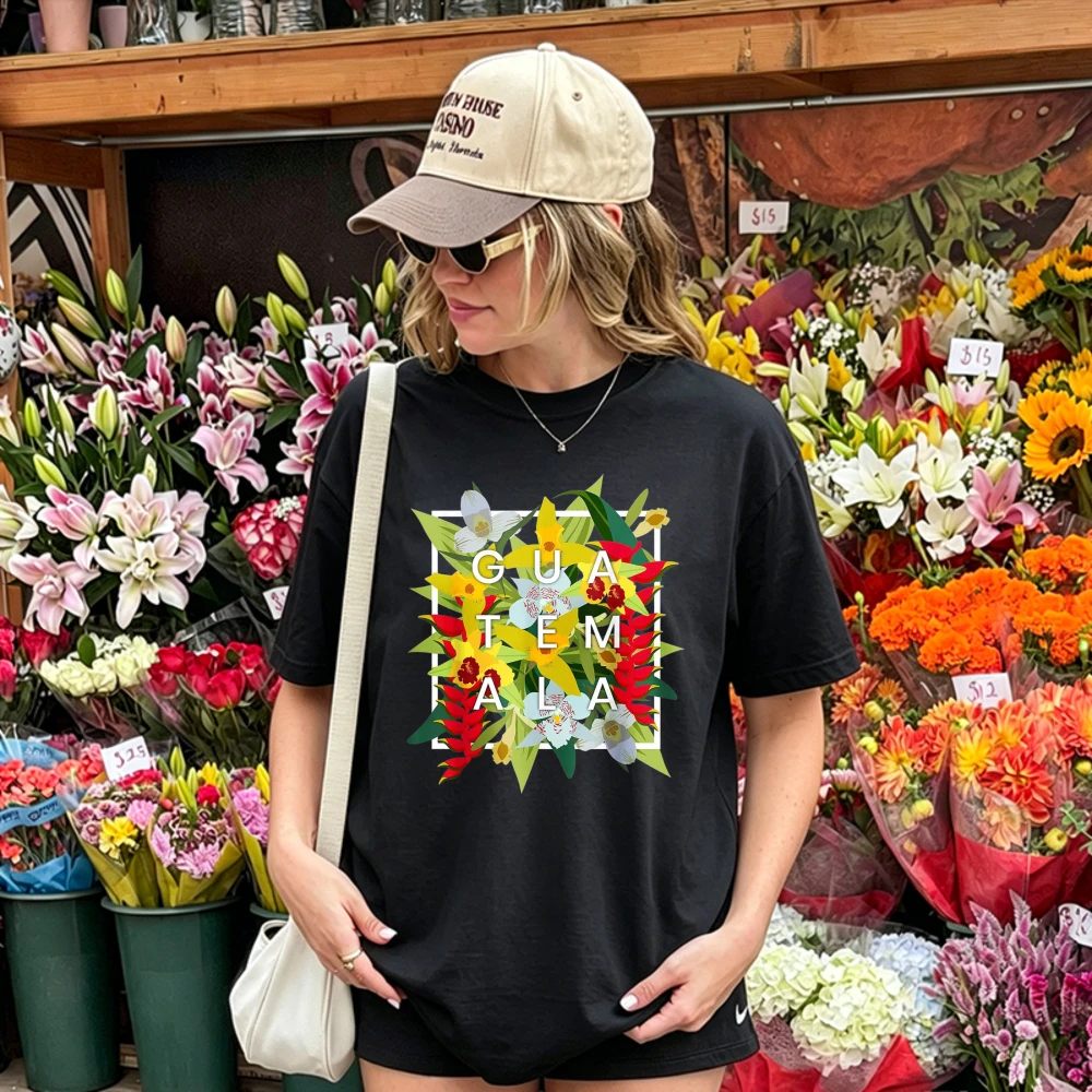 GUATEMALA Tropical Exotic Heliconia Orchid Floral Square Frame Letter Print Women Pure Cotton T Shirt Central Casual Travel Tops