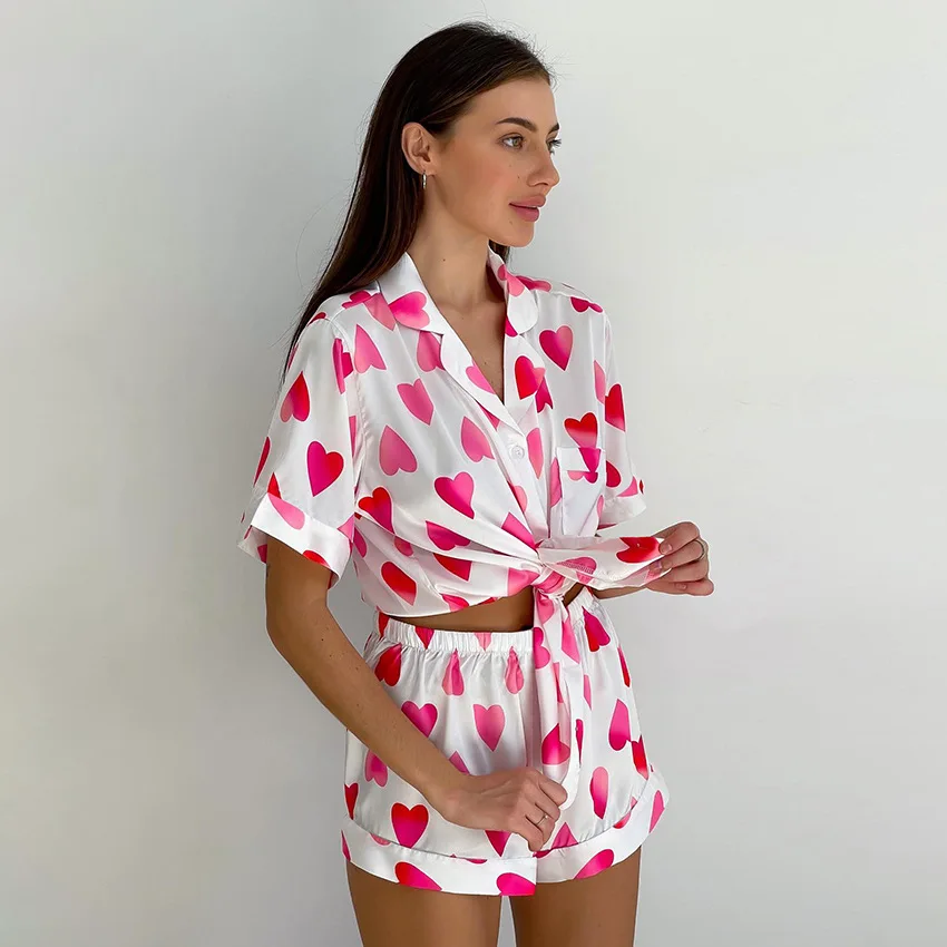 2024 Summer Pink Love Printed Pajama Set For Women Imitation Silk Short Sleeved Shorts 2Pcs Female Home Sleepwear For Sleeping