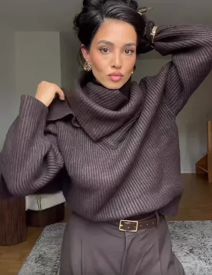 Solid Turtleneck Knit Short Pullover Women Chic Scarf Collar Full Sleeves Loose Warm Sweater 2026 Lady Daily Street Pullovers