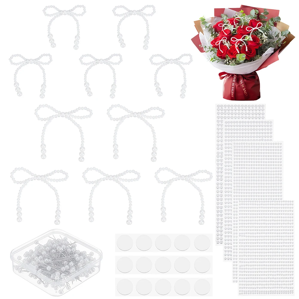 2 Styles 10Pcs White Pearl Ornament Pearl Toppers Bulk with Pins and Mini Cabochon Stickers Decorations for DIY Crafts Coquette