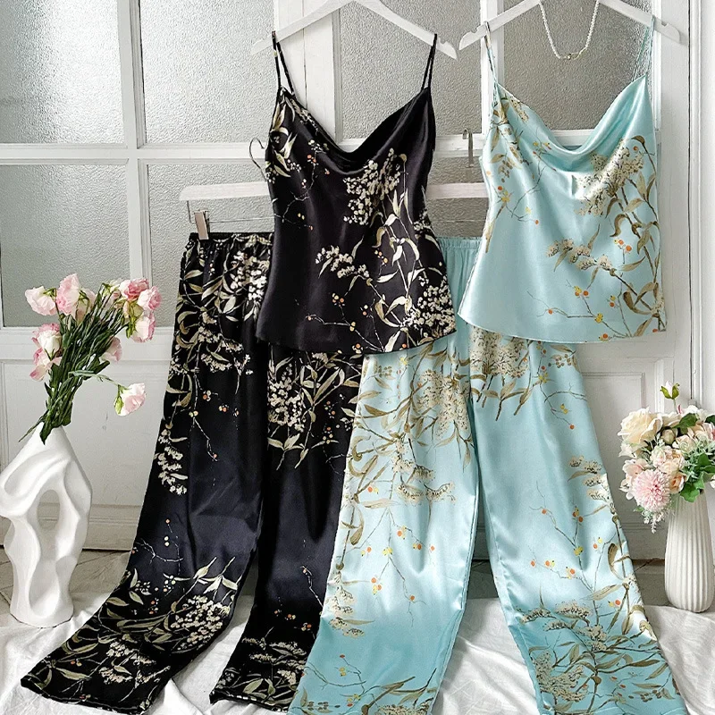 2Pcs Summer Sexy New Fashion Women's Pajamas Top Women Printed Backless Slip Dress Imitation Silk Loungewear Simple Sleepwear