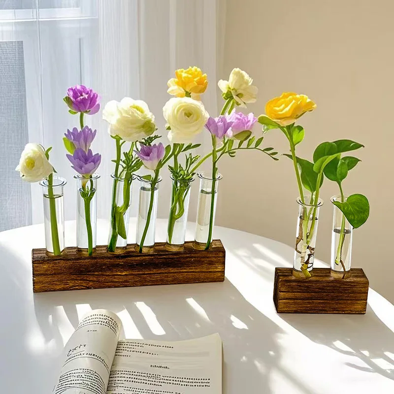 

CuteLife INS Creative Glass Wood Base Flower Vase Home Garden Table Decoration And Accessories Test Tube Hydroponics Plant Vase