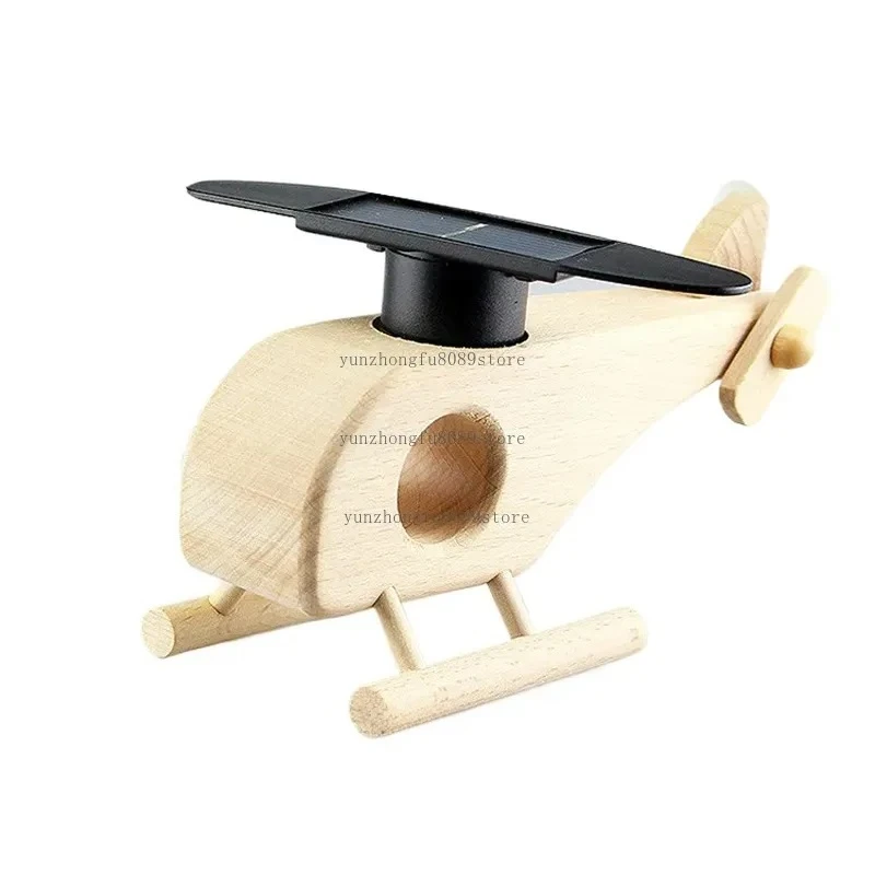 Solar Wood Plane Helicopter Small Production DIY Creative Novelty Center Console Decoration Car Ornament Solid Wood
