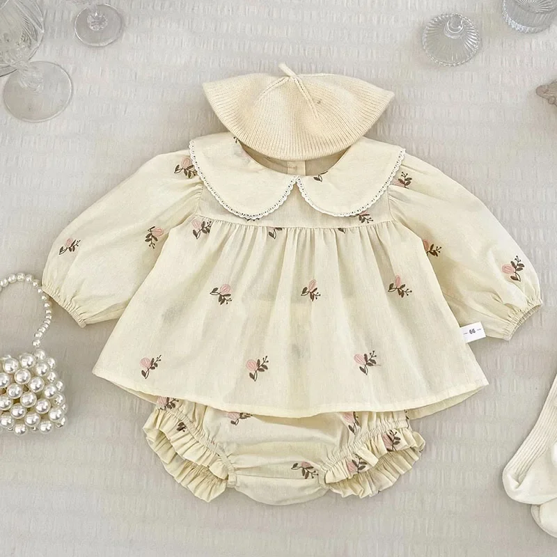 2024 New Autumn Infant Baby Girls Clothing Set Long Sleeved Cotton Embroidered Shirt+Shorts Toddler Baby Girl Clothes Suit