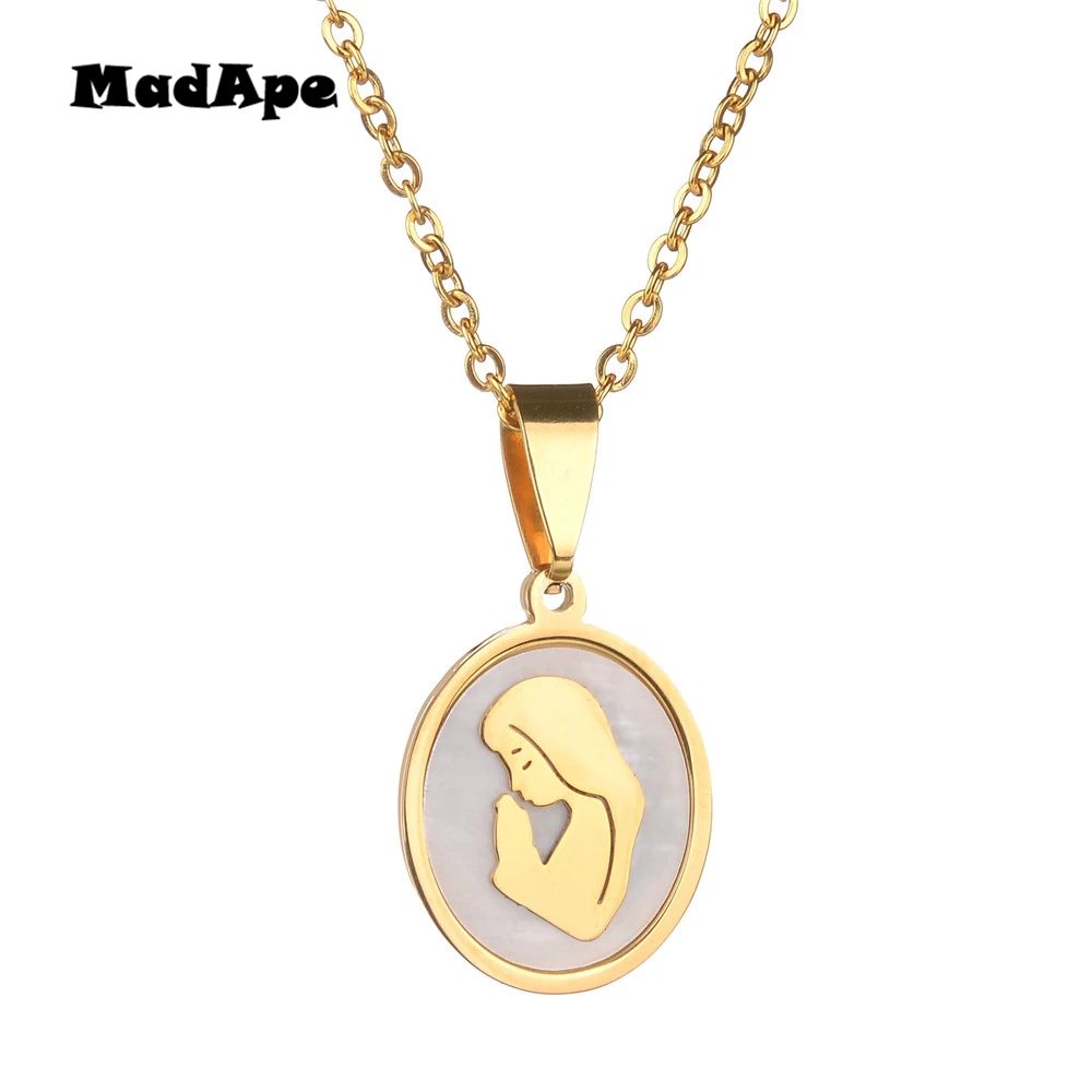 MadApe Oval Virgin Mary Pendant Necklace Stainless Steel Shell Pendants Chain, Women Gold Necklace Wholesale Jewelry Accessories