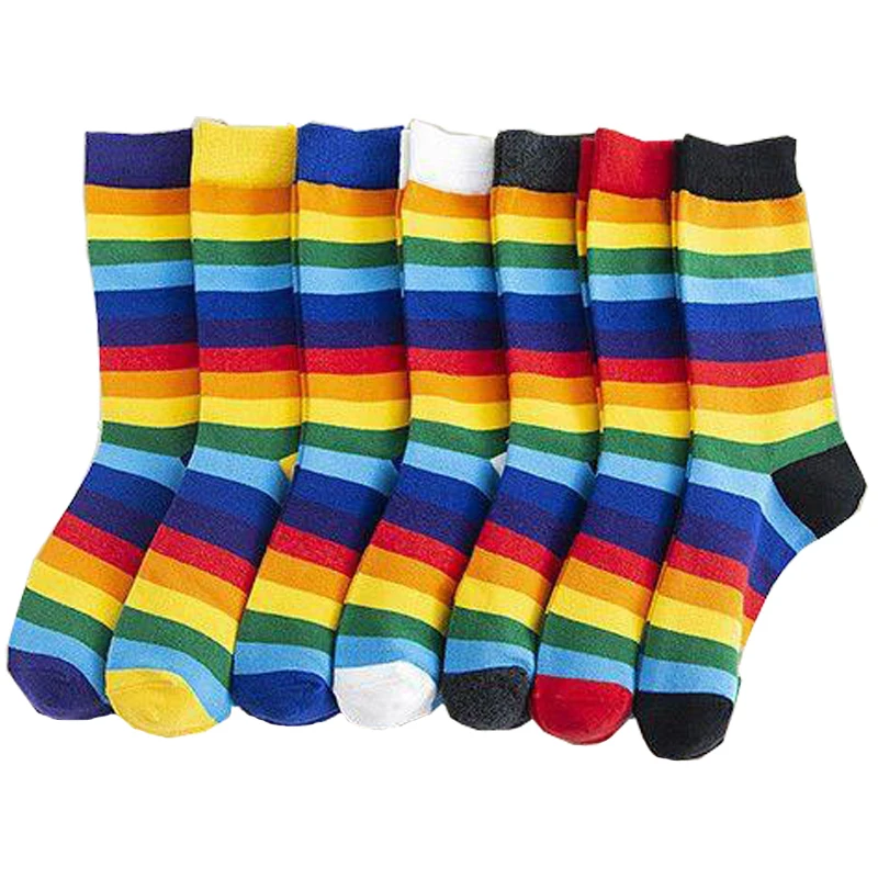 

7 Pairs Christmas Socks Mid Calf Socks Men and Women Students Teenagers Rainbow Stripe Casual Crew Cotton Socks S11