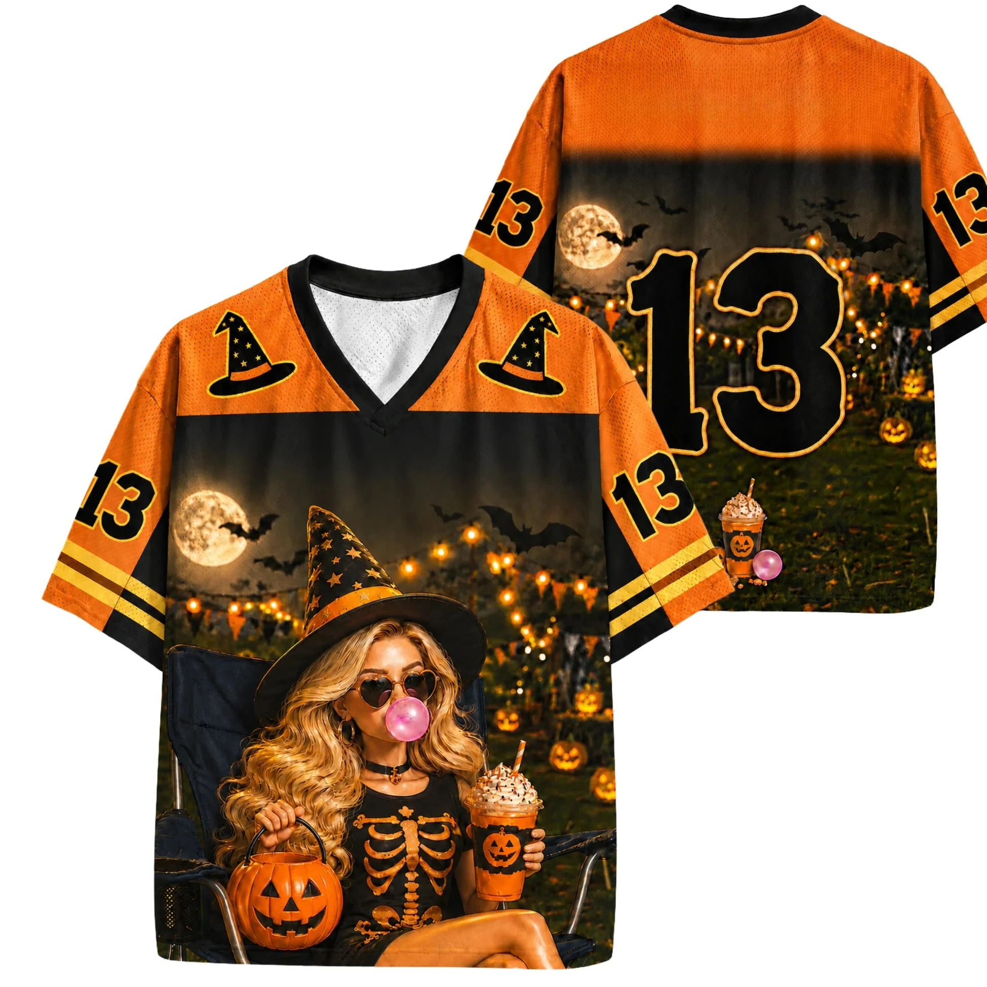 Retro Autumn 3D Printed Bat Full Moon Witch Atmosphere V-neck T-shirt Trendy Halloween Men's and Women's Soccer Uniforms