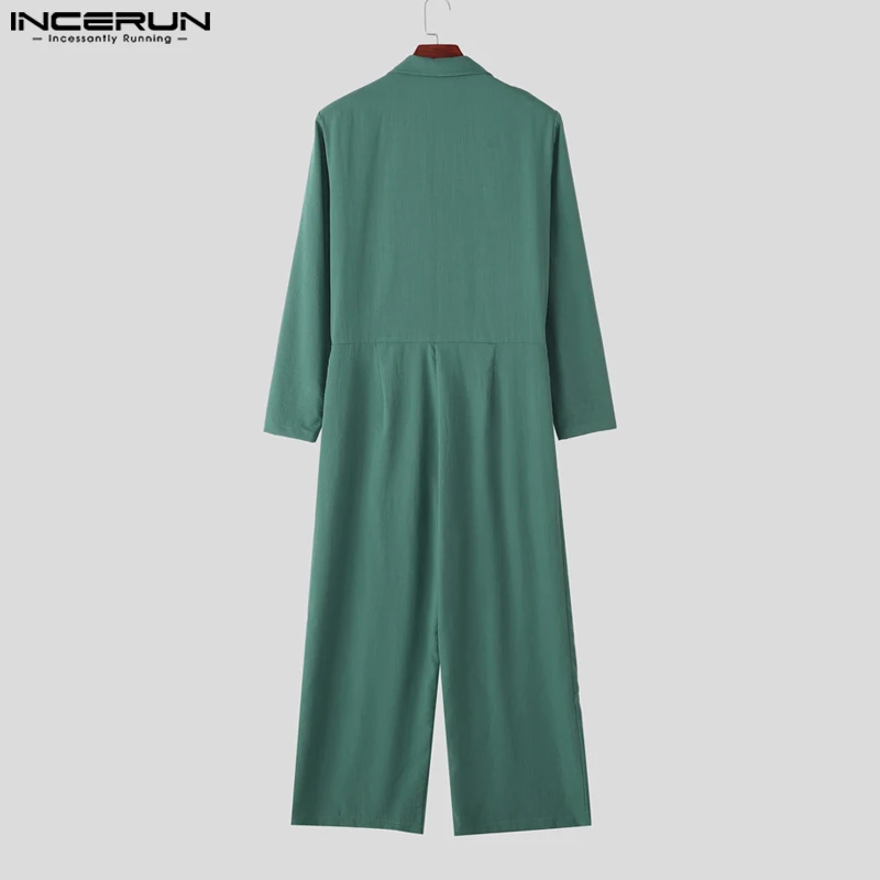 INCERUN Tute da uomo tinta unita risvolto manica lunga casual pagliaccetti maschili streetwear allentato 2025 elegante moda tuta da uomo S-5XL