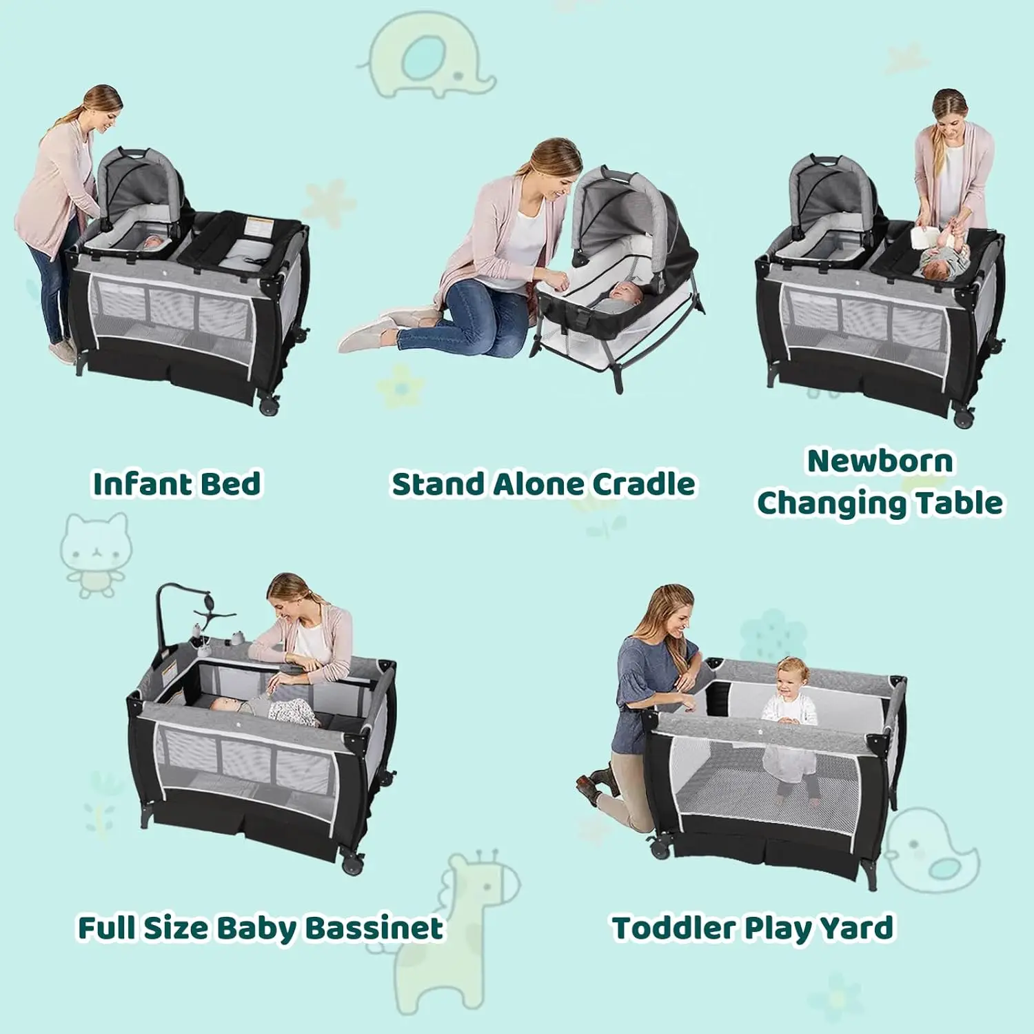 King 5 in 1 Portable Nursery Center, Foldable Playard for Baby & Toddler, Infant Pack n Play w/Bassinet, Mattress, Newborn Chang