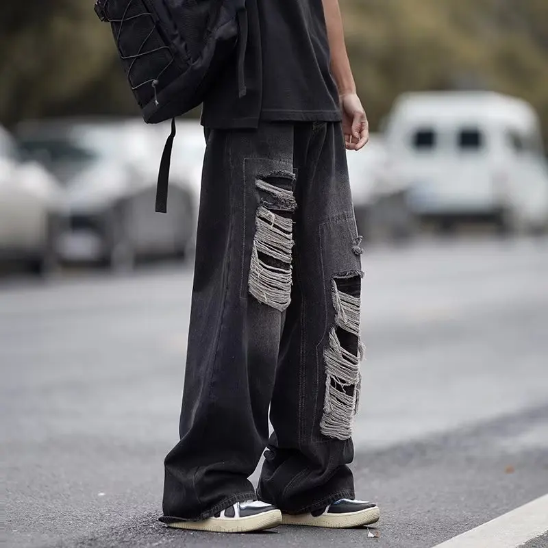 

American Streetwear Hip Hop Ripped Jeans Men's Trendy Brand Waed Loose Straight Leg Oversize Wide Leg Pants Casual Jeans